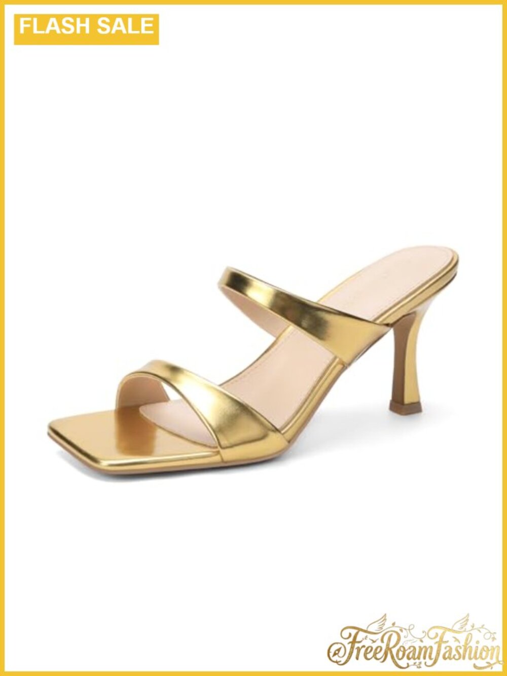 Women's Two Strap Kitten Heel Slide Sandals Square Toe Slip On